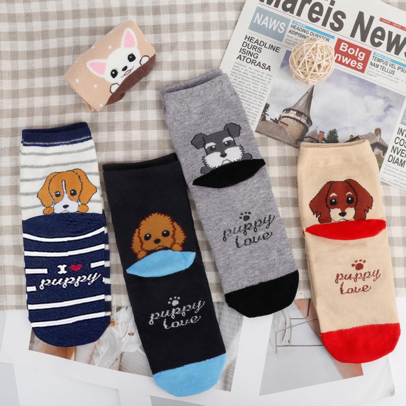 YSense Womens Cute Animal Painting Socks 5 Pairs, Funny and Cool 100% Cotton Art Dog Cat Socks for Women, Black & brown & yellow & blue & gray - Image 4